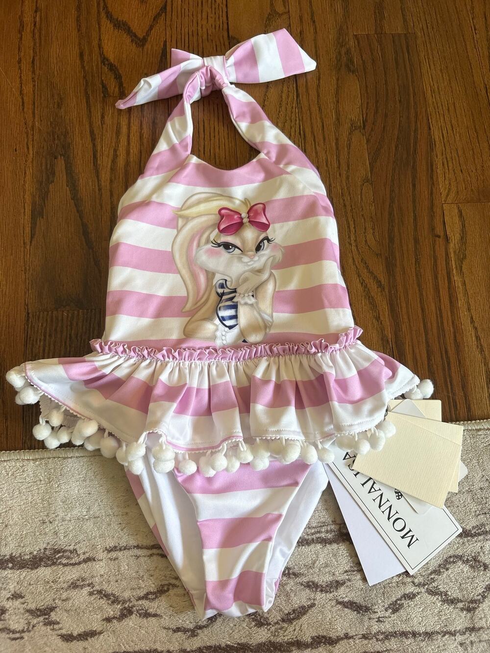 Monnalisa NEW Lola Bunny Toddler Swimsuit Pink White Stripe 2T 92cm